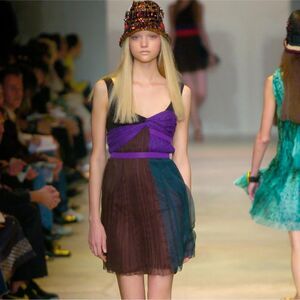 Vintage Prada Spring 2005 Pleated Draped Green & Purple Silk Chiffon Mini Dress